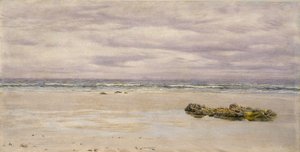 Kennack Sands, Cornwall, vid lågvatten, 1877 (olja ombord, monterad som en ritning) av John Brett