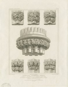 Interiör av Lichfield Cathedral - Klusterpelare i Chapter House och konsoler i Lady Chapel: gravyr, nd [c 1819] (tryck)