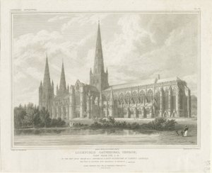 Lichfield Cathedral - South East View: gravyr, nd [?1819] (tryck) av John Britton