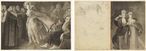 Kvinna som står bland munkarna (recto) Skisser av huvuden (verso, vänster); Två kvinnor (terso, höger)