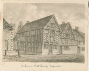 Abbots Bromley Old Houses: sepiateckning, 1839 av John Buckler