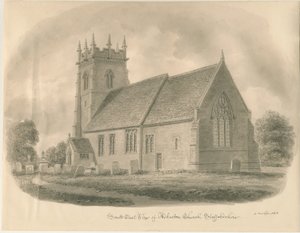 Adbaston Church: sepiateckning, 1843 av John Buckler