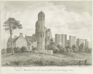 Biddulph Hall (gammal): sepiateckning av John Buckler