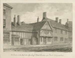 Burton-upon-Trent - Gamla hus på High Street: sepiateckning av John Buckler
