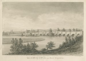 Burton-upon-Trent Bridge and Town: sepiateckning av John Buckler