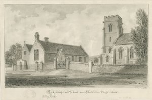 Cheddleton - "Rock" Chapel and School: sepiateckning av John Buckler