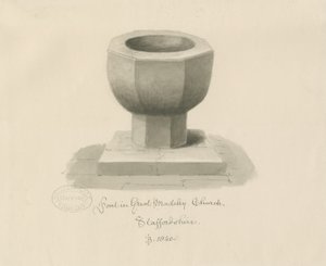 Typsnitt i Madeley Church: sepiateckning av John Buckler