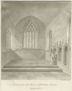 Interiör av Cheddleton Church: sepiateckning av John Buckler
