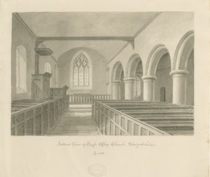 Interiör av High Offley Church: sepiateckning av John Buckler