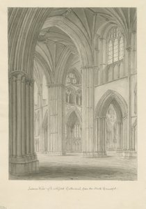 Interiör av Lichfield Cathedral - Korsning från norra tvärskeppet: sepiateckning av John Buckler