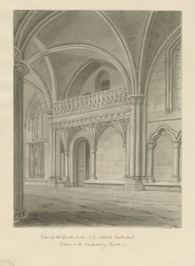 Interiör av Lichfield Cathedral - Entré till Consistory Court: sepiateckning av John Buckler