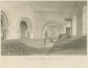 Interiör av Seighford Church: sepiateckning av John Buckler