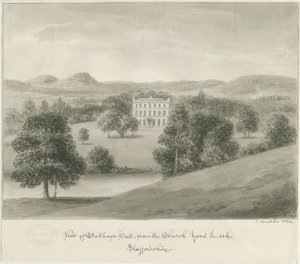 Purjolök - Ball Haye Hall: sepiateckning, 1844 av John Buckler