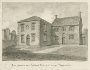 Leek Town - Grammar School: sepiateckning, 1844 av John Buckler