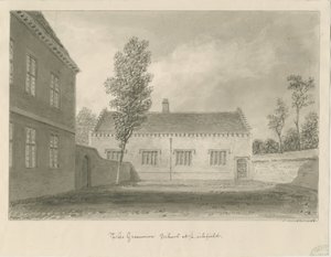 Lichfield - Grammar School: sepiateckning av John Buckler