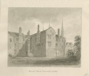 Lichfield - Old House in The Close: sepiateckning av John Buckler