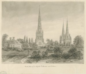 Lichfield Cathedral - North View: sepiateckning, 1838 av John Buckler