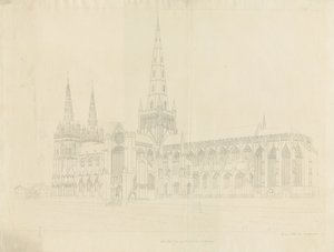 Lichfield Cathedral - South East View: konturetsning, nd [1808] av John Buckler