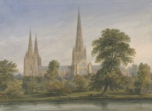 Lichfield Cathedral - South East View: akvarellmålning, nd [?1842] av John Buckler