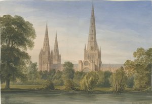 Lichfield Cathedral - South South East View: akvarellmålning, 1842 av John Buckler