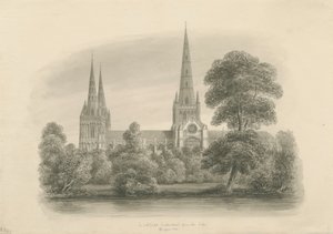 Lichfield Cathedral - South View: sepiateckning, 1841