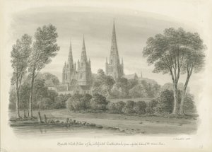 Lichfield Cathedral - South West View: sepiateckning av John Buckler