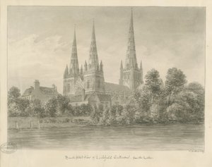 Lichfield Cathedral - South West View: sepiateckning av John Buckler