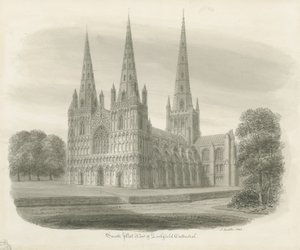 Lichfield Cathedral - South West View: sepiateckning av John Buckler