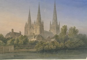 Lichfield Cathedral - South West View: akvarellmålning, 1839 av John Buckler