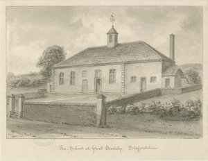 Madeley - Free School: sepiateckning, 1840 av John Buckler