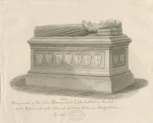 Maer Church - Monument till Sir John Bowyer och Lady Catherine: sepiatvättteckning, 1843 av John Buckler