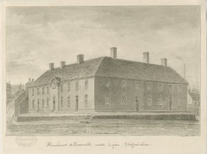 Newcastle-under-Lyme - Almshouses: sepiateckning, 1840 av John Buckler
