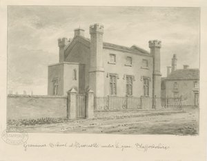 Newcastle-under-Lyme - Grammar School: sepiatvättteckning, 1840 av John Buckler
