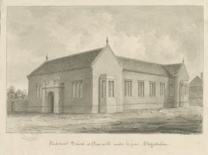 Newcastle-under-Lyme - National School: sepiatvättteckning av John Buckler