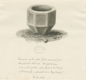 Gammal typsnitt från Mucklestone Church: sepiatvättteckning, juni 1843 (ritning) av John Buckler