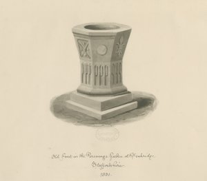 Penkridge - Font in Parsonage Garden: sepiateckning av John Buckler