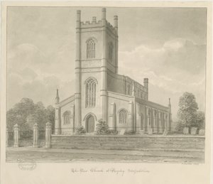Rugeley Church (ny): sepiatvättteckning av John Buckler