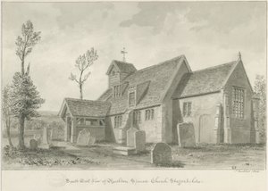Rushton Spencer Church: sepiatvättteckning, 1844 av John Buckler