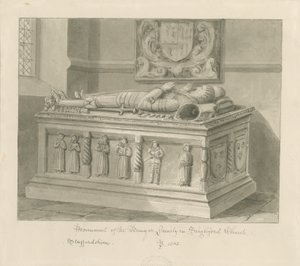Seighford Church - Tomb of William and Mercy Bowyer: sepiatvättteckning, 1842 av John Buckler
