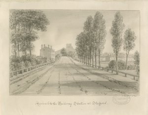 Stafford - Approach to Railway Station: sepia ritning av John Buckler