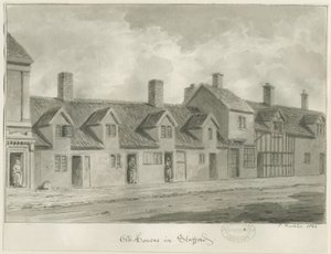 Stafford - Old Houses [i Eastgate Street]: sepiateckning, 1844 av John Buckler