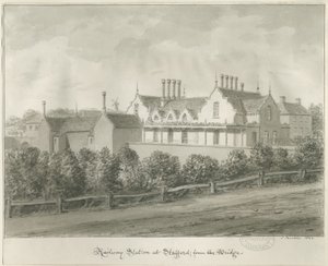 Stafford - Järnvägsstation: sepiateckning, 1844 av John Buckler