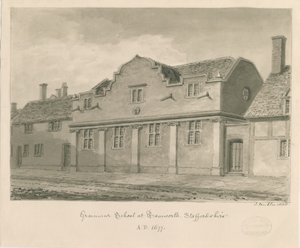 Tamworth - Grammar School: sepiateckning, 1838 av John Buckler