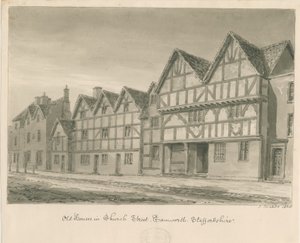 Tamworth - Old Houses in Church Street: sepiatvättteckning, 1838 av John Buckler