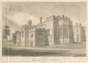 Tixall - Kapell i Tixall Hall: sepiatvättteckning, 1841 av John Buckler
