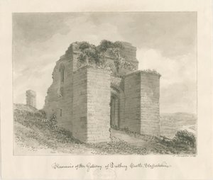 Tutbury Castle - Remains of the Gateway: sepiatvättteckning av John Buckler