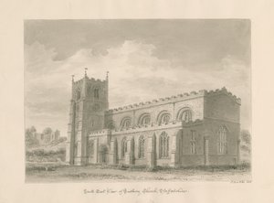 Tutbury Priory Church: sepiatvättteckning, 1812 av John Buckler