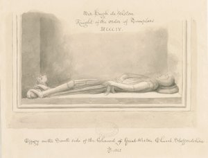 Weston-under-Lizard Church - Effigy of Sir Hugh de Weston: sepiateckning, 1842 av John Buckler