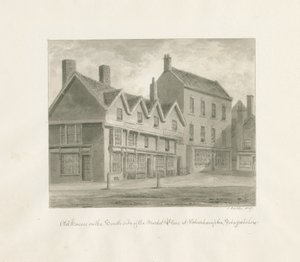 Wolverhampton - Gamla hus på södra sidan av marknadsplatsen: sepiateckning, 1847 av John Buckler
