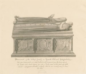 Yoxall Church - Monument över familjen Wellys: sepiateckning av John Buckler